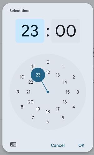 The 24-hour time picker in Google Calendar, showing 23:00 at the same position as 1:00 but in a different ring.